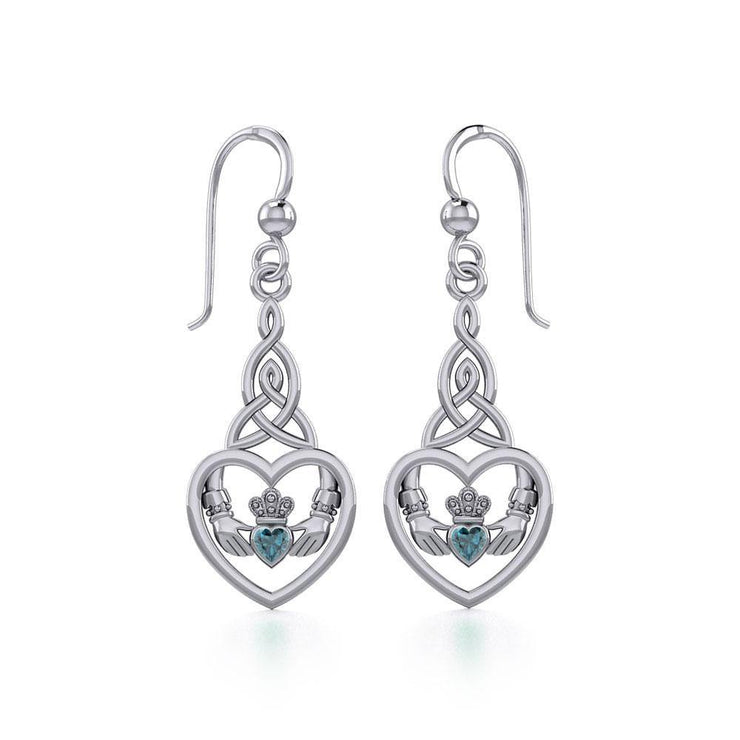 Heart Claddagh with Celtic Trinity Knot Silver Earrings with Gemstone TER1882