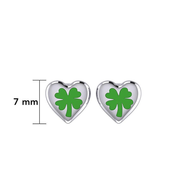 Lucky Heart Four Leaf Clover Silver Post Earrings with Enamel TER1888