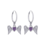 Gemstone Heart and Flying Angel Wings Silver Hoop Earrings TER2103