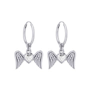Gemstone Heart and Flying Angel Wings Silver Hoop Earrings TER2103