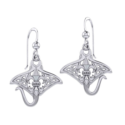 Celtic Manta Ray with Fleur De Lis Symbol Silver Earrings TER2166