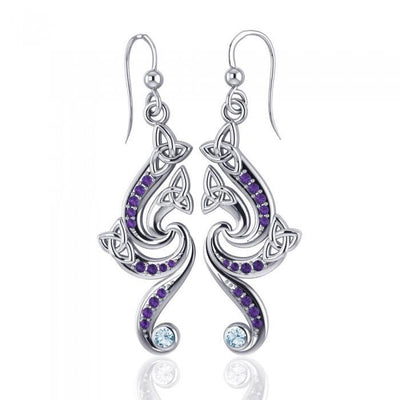 A grand unity in full symbolism ~ Sterling Silver Celtic Triquetra Dangle Earrings Jewelry with Gemstones TER569