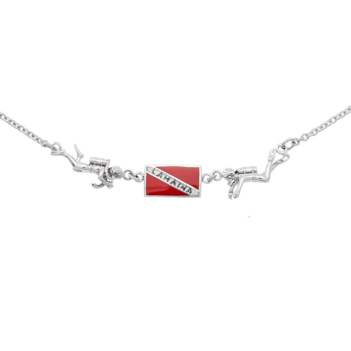 Lahaina Island Dive Flag and Dive Equipment Silver Necklace TN242