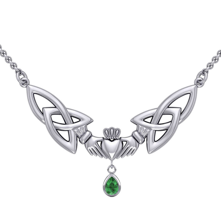 A love in full extent ~ Celtic Knotwork Claddagh Sterling Silver Necklace Jewelry with Gemstone TN260