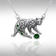 A Fanciful Feline ~ Celtic Knotwork Cat Sterling Silver Necklace with Gemstones TNC042