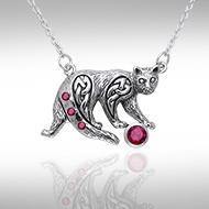 A Fanciful Feline ~ Celtic Knotwork Cat Sterling Silver Necklace with Gemstones TNC042