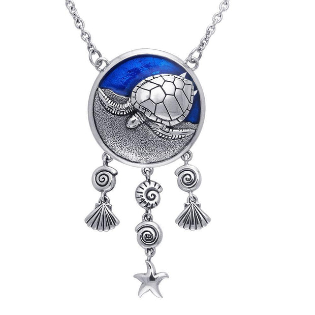 Sterling Silver Sea Turtle Necklace with Navy Blue Enamel by Ted Andrews TNC070