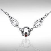 A traditional token loyalty, friendship, and romantic love ~ Celtic Knotwork Claddagh Sterling Silver Necklace Jewelry with Gemstone TNC082