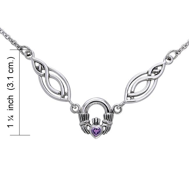 A traditional token loyalty, friendship, and romantic love ~ Celtic Knotwork Claddagh Sterling Silver Necklace Jewelry with Gemstone TNC082