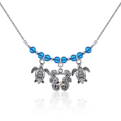Double Seahorse and Turtles Silver Bead Necklace TNC467