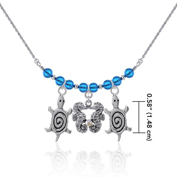 Double Seahorse and Spiral Turtles Silver Bead Necklace TNC469