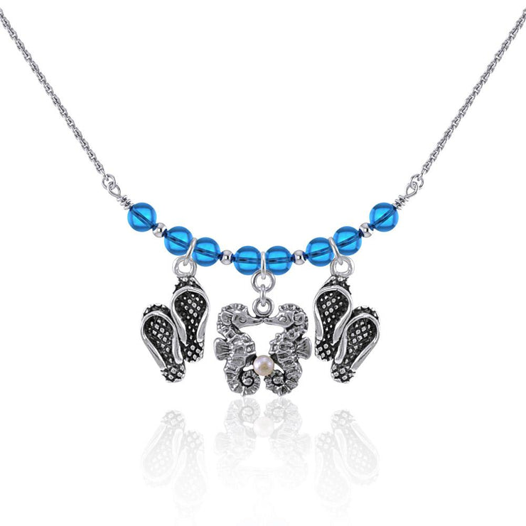 Double Seahorse and Beach Flip Flops Silver Bead Necklace TNC470