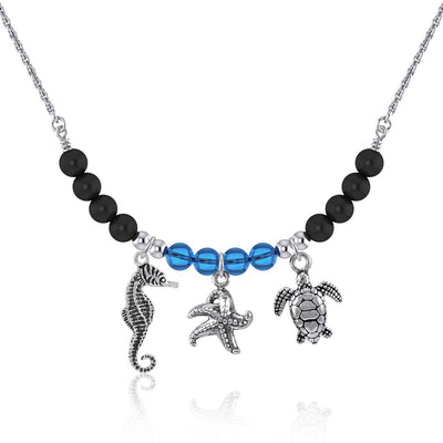 Silver Seahorse Starfish and Turtles Silver Bead Necklace TNC479
