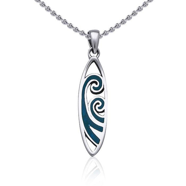 Surfboard with Inlaid Waves ~ Sterling Silver Pendant TP2946