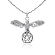 Flying Owl with Pentagram Silver Pendant TP3308