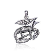 Slumbering Winged Dragon ~ Sterling Silver Jewelry Pendant TP844 Pendant