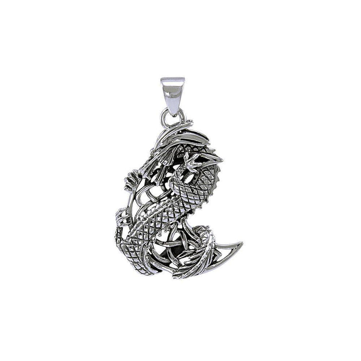 The Mythical Dragon Clutching Celtic Moon Sterling Silver Pendant Jewelry TP992