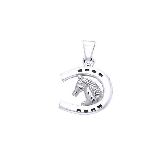 Sterling Silver Friesian Horse in Horseshoe Pendant Jewelry TPD2101