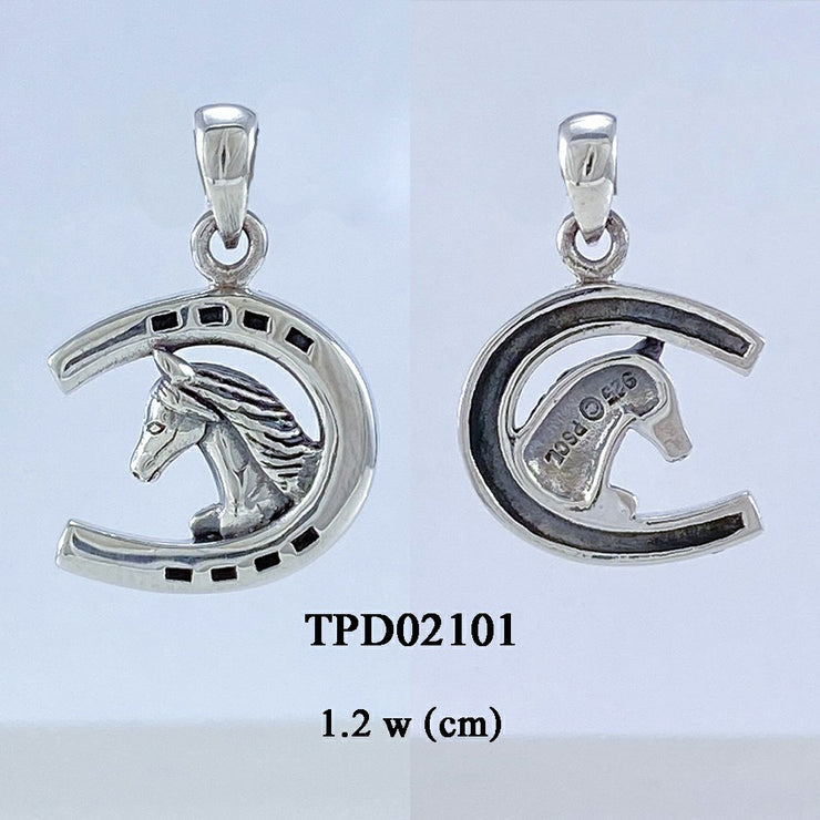 Sterling Silver Friesian Horse in Horseshoe Pendant Jewelry TPD2101