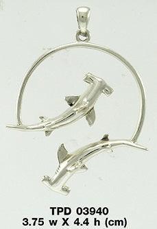 Double Swimming Hammerhead Shark Silver Pendant TPD3940