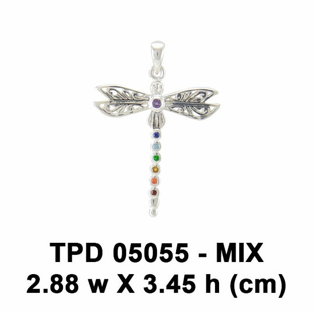 Spiritual Dragonfly Silver Pendant with Chakra Gems TPD5055