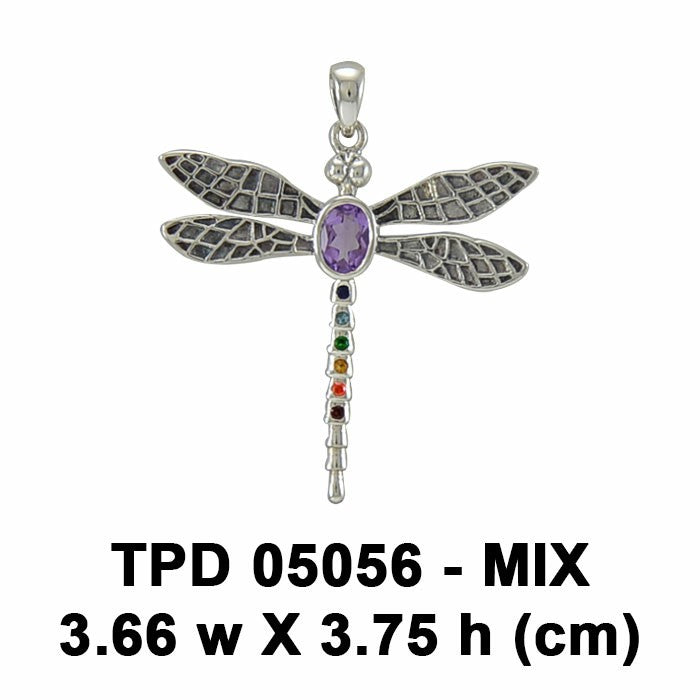 Spiritual Dragonfly Silver Pendant with Chakra Gemstone TPD5056