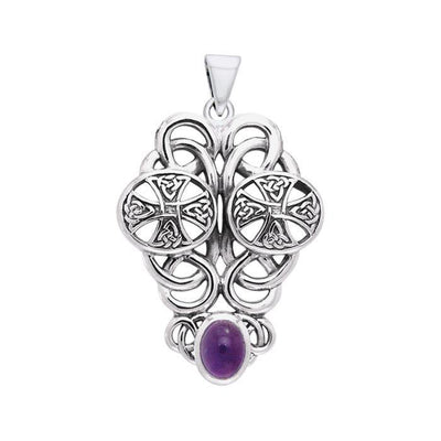 An intricate reminder of endless faith and courage ~ Celtic Knotwork Cross Sterling Silver Pendant Jewelry with Amethyst Gemstone TPD3009