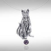 Live in a meaningful curiosity ~ Celtic Knotwork Cat Sterling Silver Jewelry Pendant with Gemstone TPD330