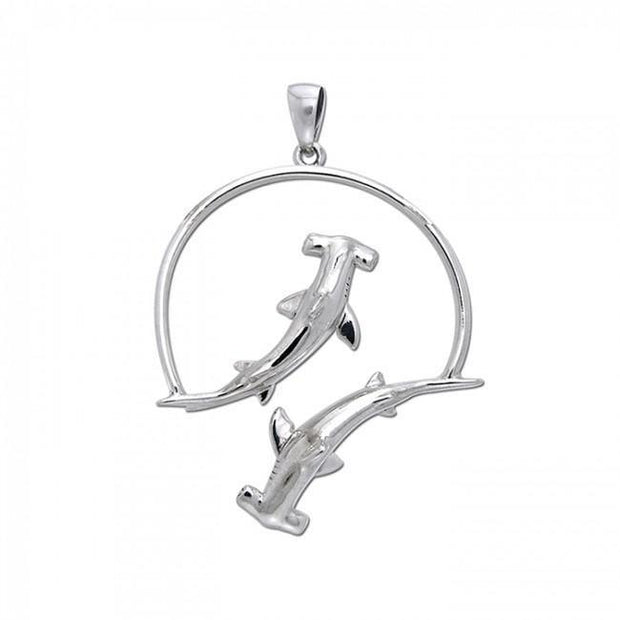 Double Swimming Hammerhead Shark Silver Pendant TPD3940