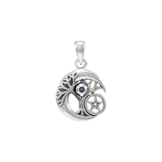 Crescent Moon Tree of Life with Pentacle Silver Pendant TPD4311