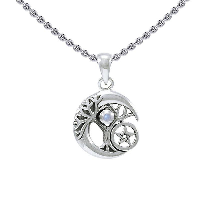 Crescent Moon Tree of Life with Pentacle Silver Pendant TPD4311