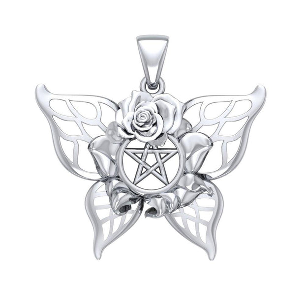 Butterfly with Rose and Pentacle Sterling Silver Pendant TPD5029 Pendants