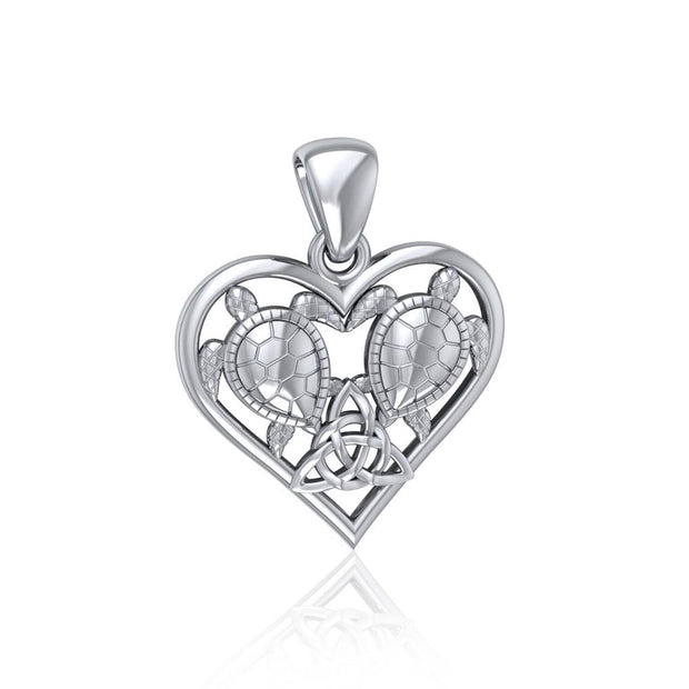 Silver Sea Turtles with Celtic Triquetra in Heart Pendant TPD5211