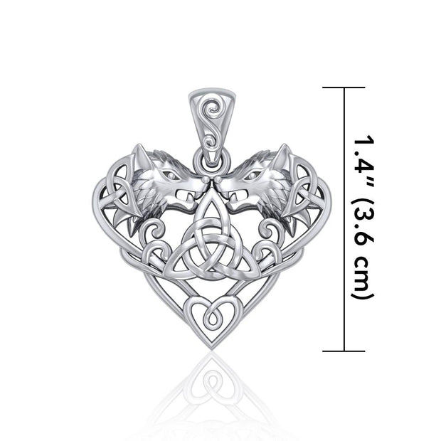 Silver Wolves with Celtic Triquetra in Heart Pendant TPD5212