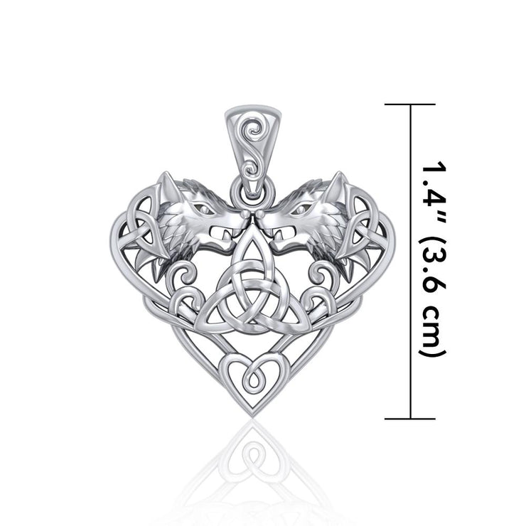 Silver Wolves with Celtic Triquetra in Heart Pendant TPD5212