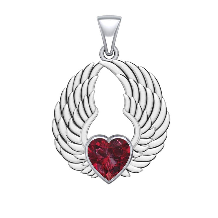 Gemstone Heart and Angel Wings Silver Pendant TPD5223