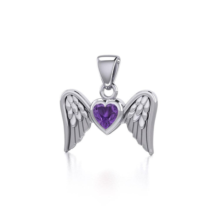 Gemstone Heart and Flying Angel Wings Silver Pendant TPD5228