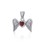 Gemstone Heart and Flying Angel Wings Silver Pendant TPD5228