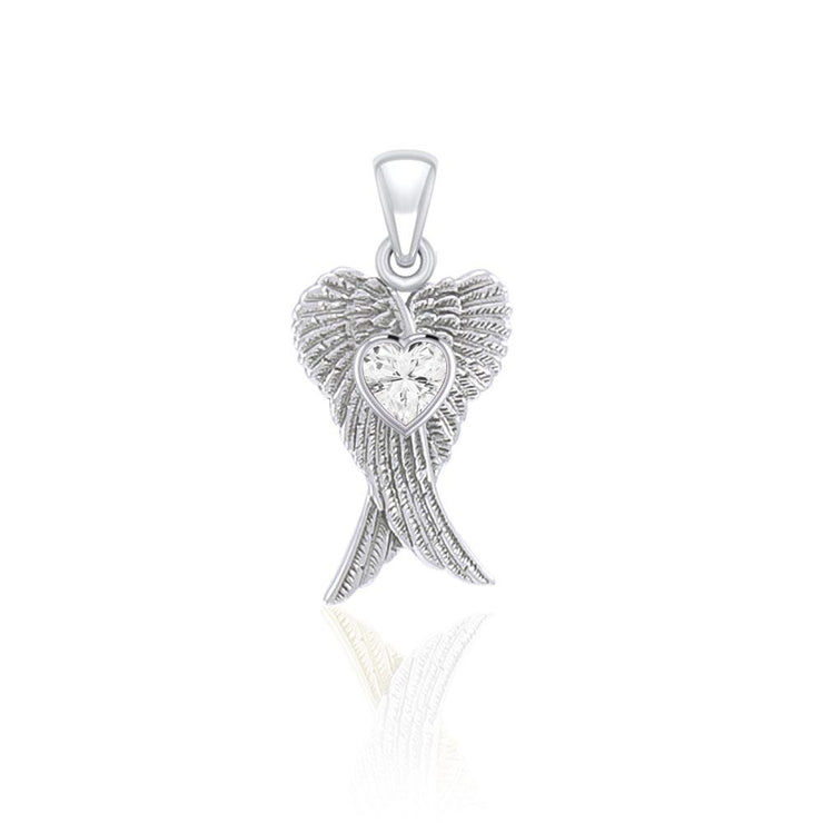Heart Gemstone and Double Angel Wings Silver Pendant TPD5229