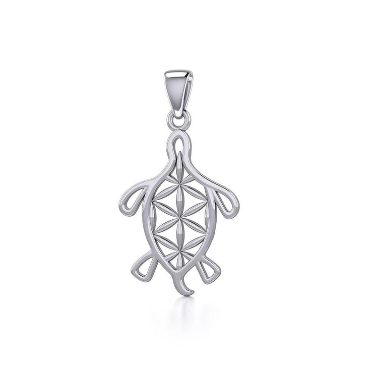 Turtle with Flower of Life Shell Silver Pendant TPD5271 - Peter Stone Wholesale