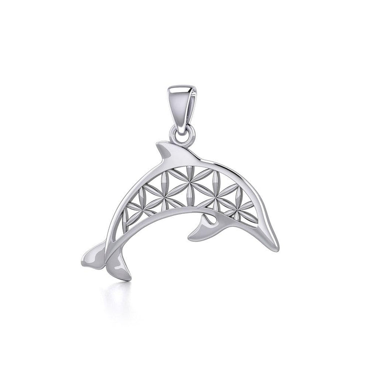 Swimming Dolphin with Flower of Life Silver Pendant TPD5272