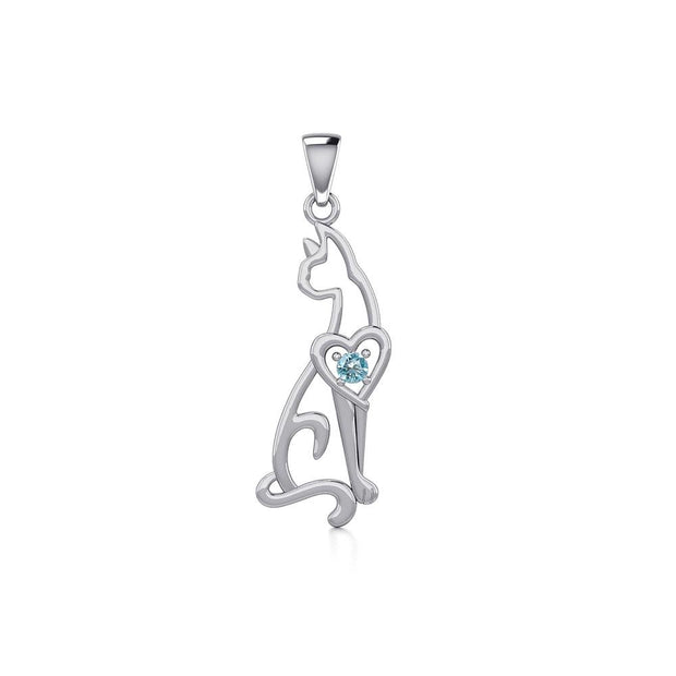 Lovely Heart Cat Silver Pendant with Gem TPD5273