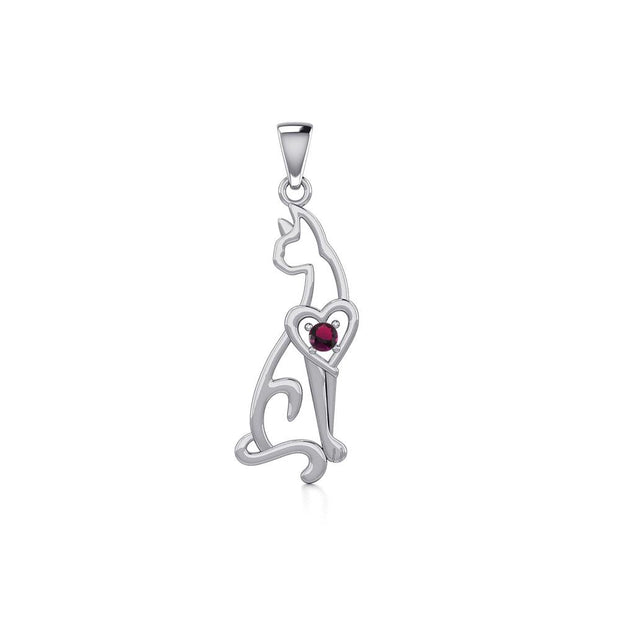 Lovely Heart Cat Silver Pendant with Gem TPD5273