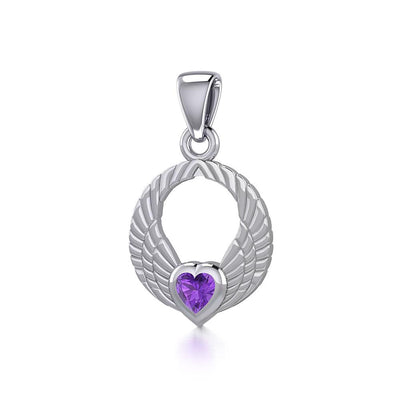Double Angel Wings Silver Pendant with Gemstone TPD5286