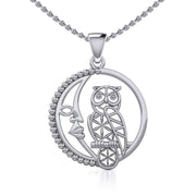 Silver Flower of Life Owl on The Crescent Moon Pendant TPD5301