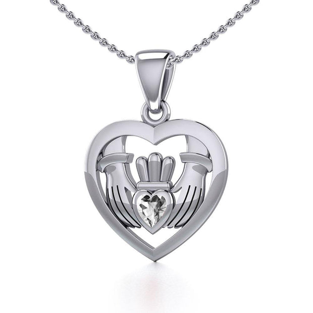 Claddagh in Heart Silver Pendant with Gemstone TPD5330 Pendant