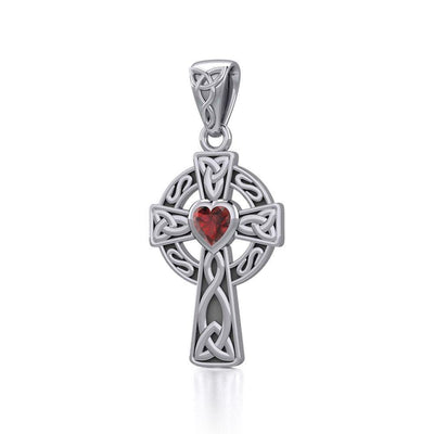 Celtic Cross Silver Pendant with Heart Gemstone TPD5337