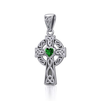 Celtic Cross Silver Pendant with Heart Gemstone TPD5337 Pendant