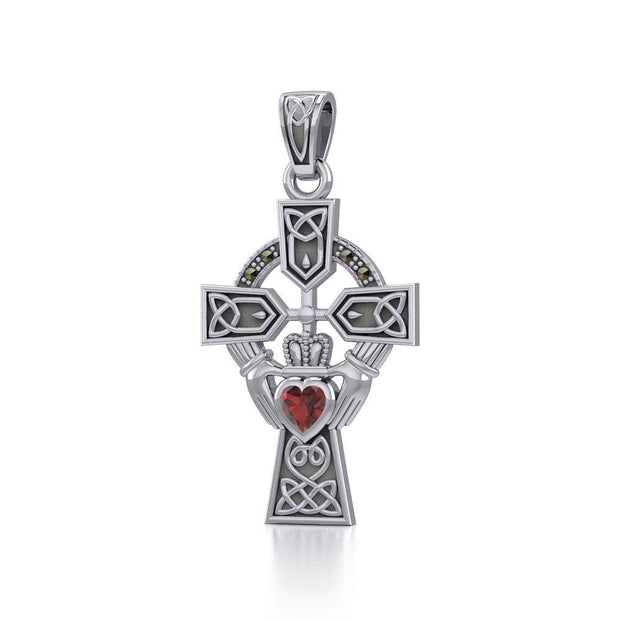 Celtic Cross and Irish Claddagh Silver Pendant with Heart Gemstone TPD5340