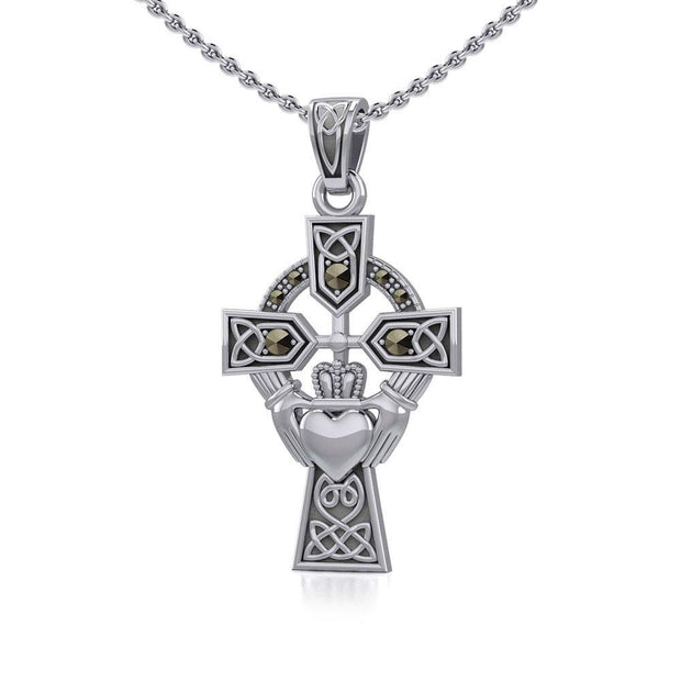 Celtic Cross and Irish Claddagh Silver Pendant with Marcasite TPD5341